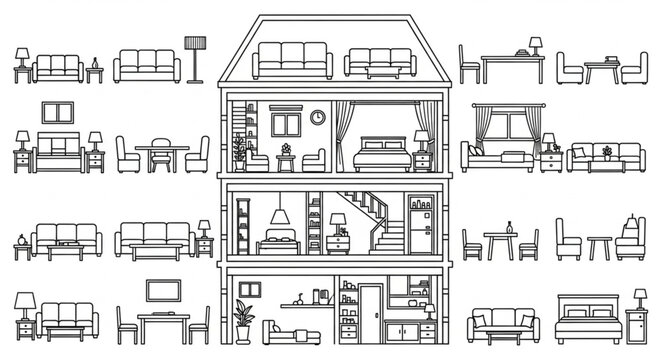 Architectural drawing of a dollhouse with furniture and rooms.