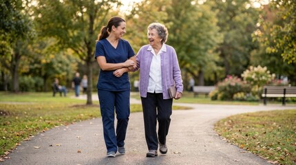 Obraz premium A young female caregiver walks alongside an elderly woman in a park. They are smiling and holding hands, enjoying a pleasant stroll.