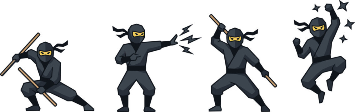 Dynamic Cartoon Ninja Characters in Action Poses with Martial Arts Weapons and Energy Effects for Creative Design Projects