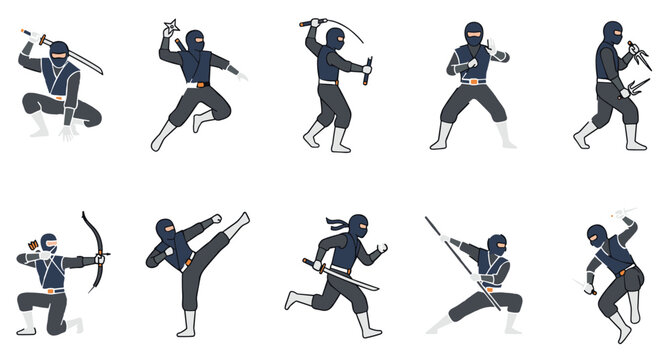 Ninja Characters in Dynamic Martial Arts Action Poses with Swords, Shuriken, Kunai, and Traditional Weapons for Creative Projects