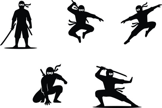 Silhouette Ninja Characters in Dynamic Martial Arts Fighting Poses with Swords and Traditional Costumes for Creative Projects