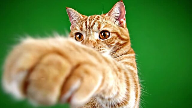 Orange Cat Reaching Toward Camera on Green Screen 4K