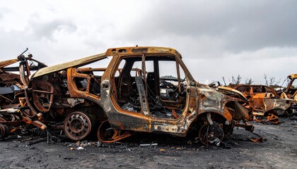 Fototapeta premium Twisted Metal Wreckage of a Burnt Out Vehicle