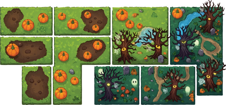 Halloween pumpkin patch game tiles, spooky forest level design elements, cartoon autumn garden map assets, creepy haunted woods vector set