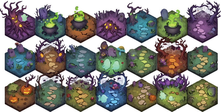 Isometric fantasy game map tiles, spooky forest environment hex set, 21 vector assets for RPG world building, dark magic landscape elements