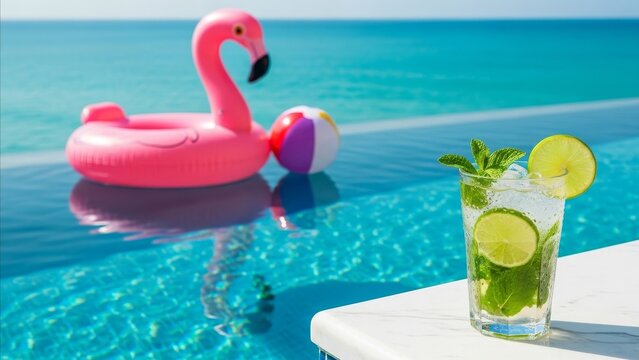 Summer - Mojito Cocktail on Pool Edge with Pink Flamingo Float and Beach Ball at Infinity Pool Ocean View