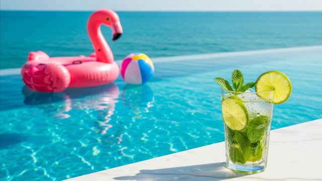 Summer - Refreshing Mojito Cocktail by Infinity Pool with Pink Flamingo Float and Colorful Beach Ball Ocean View