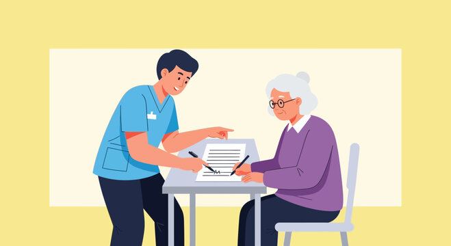 Nurse helping senior woman sign document at desk, healthcare support, flat illustration