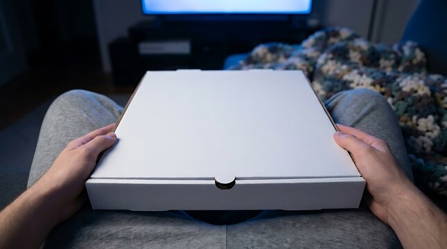 A person's hands gently hold a pristine unadorned square cardboard container anticipating a delicious home-delivered meal or exciting new product embodying cozy leisure and personal enjoyment.