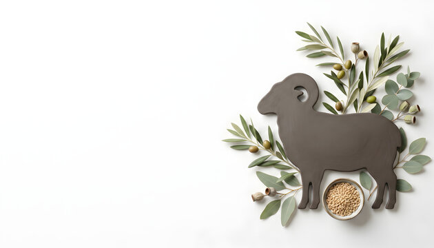 Dark ram silhouette framed by vibrant olive branches and a small bowl of earthy spices on a pristine white background, symbolizing nature, culinary elements, and traditional design