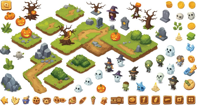 Isometric Halloween game assets, spooky graveyard landscape tiles with witch and ghost characters, cartoon mobile game UI elements and icons
