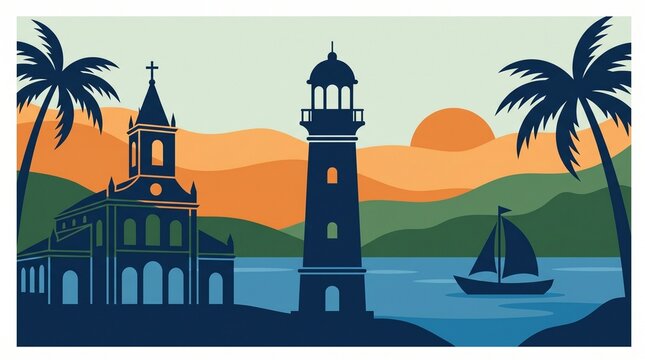 Goa skyline vector flat silhouette landscape illustration showcasing traditional church, coastal lighthouse, tropical palm trees, fishing boat and scenic mountains travel