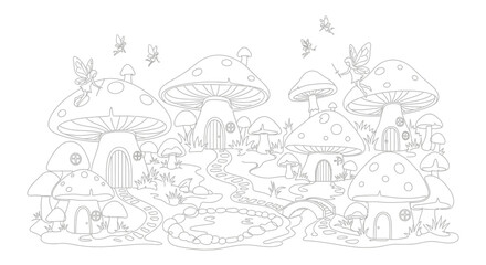 Naklejka premium Enchanting Fairy Village with Mushroom Houses and Flying Fairies