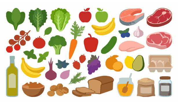 Healthy organic food vector set vegetables meat fish nuts illustration