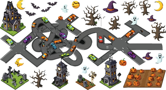 Halloween isometric map creator kit, spooky town road construction elements with haunted houses and graveyard, cartoon holiday vector set