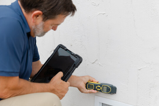 An environmental home inspector is viewed close-up at work, using an electronic moisture meter to detect signs of damp and rot in structural elements.