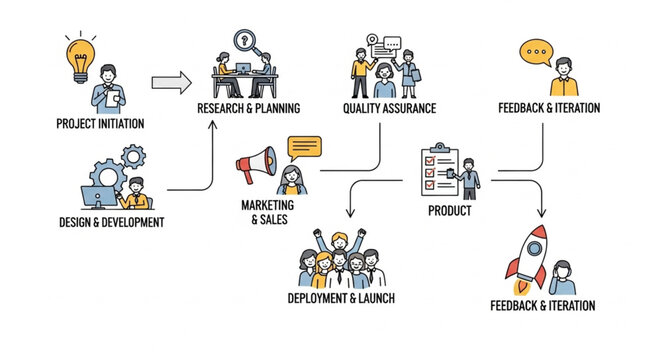 Business process flow chart with icons and text.