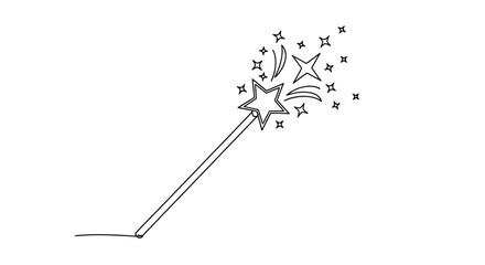 Simple line drawing of a magic wand with sparkling stars emanating from the tip. © Iwak