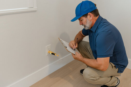 Electrician tests wall socket voltage with a contact tester, demonstrating electrical safety check and proper installation control