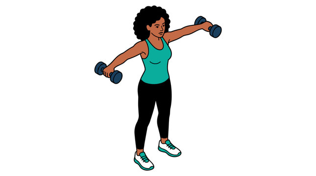 Woman performing lateral raises with dumbbells focusing on shoulder and upper back muscles during a fitness workout