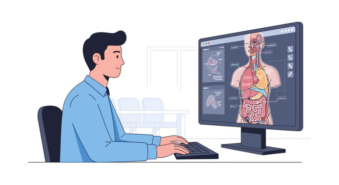 A male medical student studying human anatomy on a computer screen.
