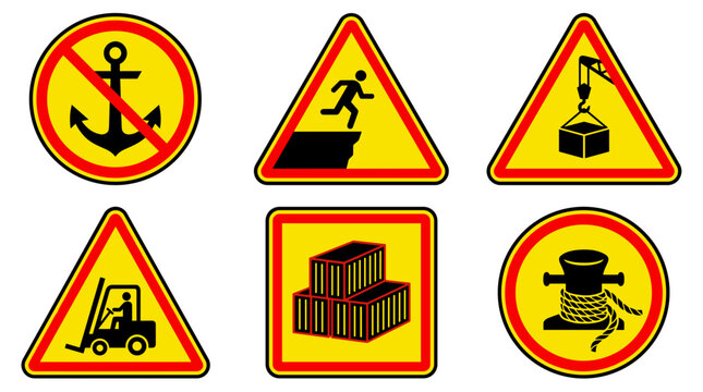 Collection of industrial safety warning signs no anchor beware of falling crane operation forklift traffic stacked