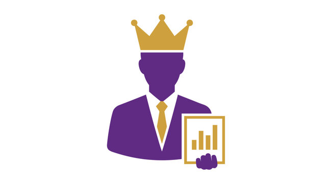 Successful businessman wearing a crown holding a financial report with growth chart symbolizing leadership