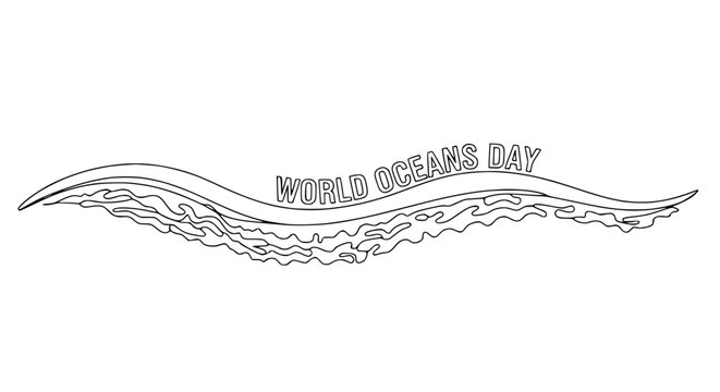 World Oceans Day wave illustration, simple line art, celebration, marine life, water concept