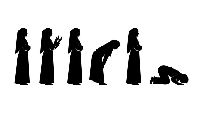 Silhouette islamic prayer sequence showing standing bowing and prostration positions in black on a white background