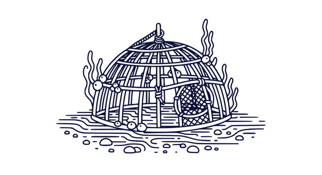 Underwater Lobster Trap Fishing Cage with Seaweed and Bubbles Outline Drawing