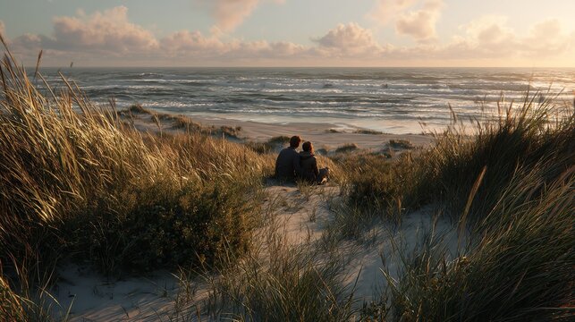 A couple sharing a romantic moment as they watch the sunset from a seaside cliff