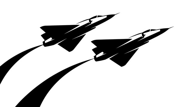 Two sleek modern fighter jets soaring in formation against a clean white background leaving behind stylized black smoke
