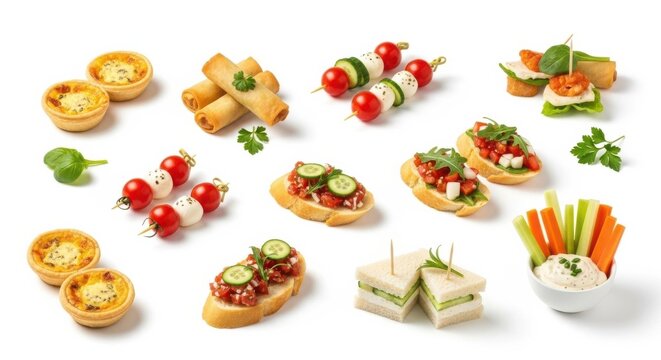 Variety of Delicious Finger Foods and Appetizers Isolated on White