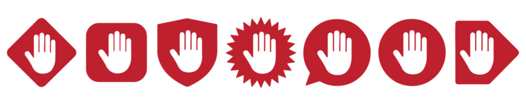 Stop hand warning icon set vector illustration with prohibition symbols, halt signs, caution badges and attention labels for safety, security and restricted access design.