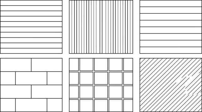 Architectural hatch pattern vector set, CAD material fill swatches with brick, cladding, ceiling grid and diagonal shading for blueprint drafting and plans