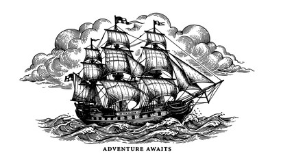 Classic ship engraving vector with sailing vessel ocean waves and vintage maritime line art © MdShafikul