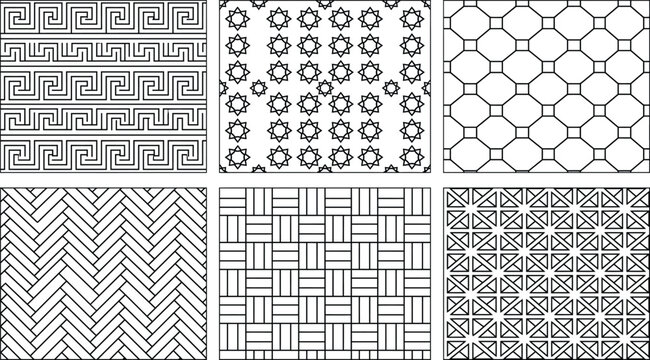 Architectural hatch texture vector set, CAD material swatches with brick, honeycomb, parquet and stipple fills for blueprint drafting and surface design