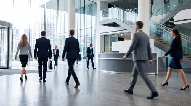 Business people walking in modern office lobby corporate professionals in suits moving through spacious glass building entrance busy workday atmosphere career success teamwork