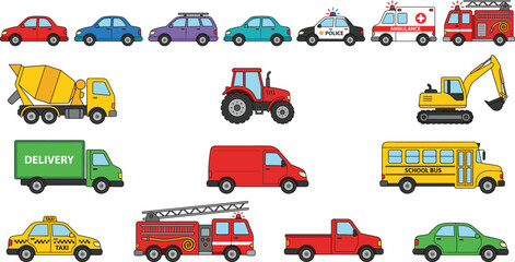 Cartoon transportation vehicle collection with cars trucks bus taxi ambulance and construction machinery illustrations © MstSumaiyaAkter