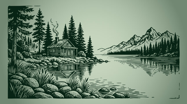 Woodcut style landscape with cabin, lake, mountains and pine trees
