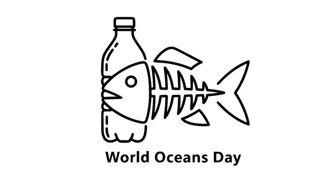 Plastic bottle forming fish skeleton symbol for ocean pollution and World Oceans Day