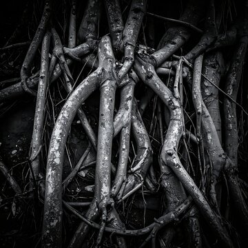 Tangled tree roots in darkness.