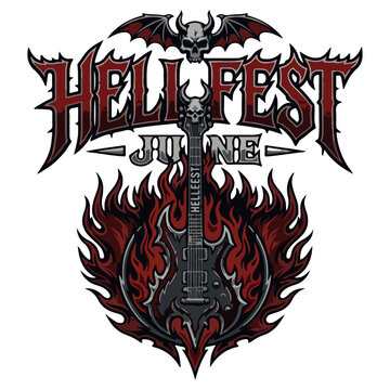 Hellfest June Heavy Metal Vector Logo with Gothic Guitar Flame Design
