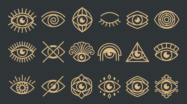 Mystical Esoteric Golden Eye Icons Set on Black Background Featuring Third Eye Illuminati Triangles Cross Out Blindfold and Ornamental Designs