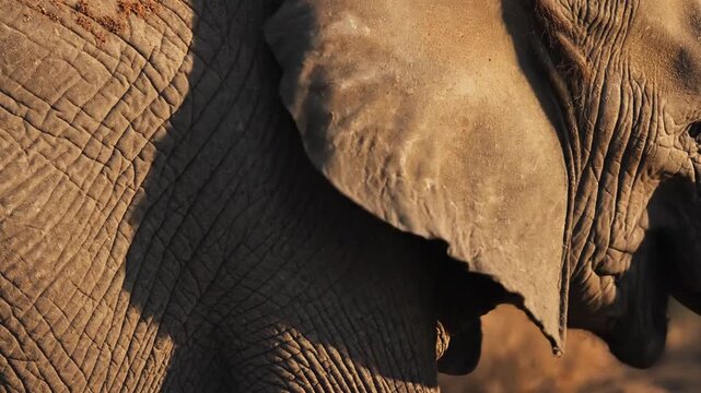 Extreme close up of wrinkled elephant skin in golden light