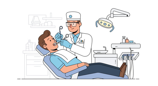 Dentist examining patient's teeth with braces in dental chair, modern clinic