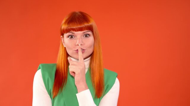 Expressive moments with a woman showing different signs on an orange background