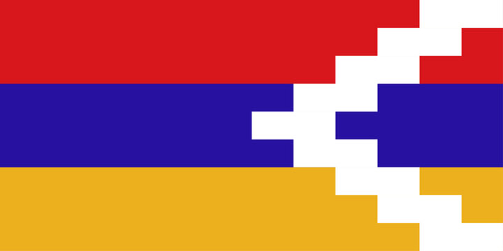 Flat vector illustration of the Republic of Artsakh flag with red, blue, orange stripes and white stepped pattern for regional symbol design.