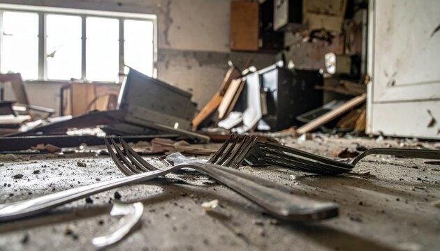 Bent Cutlery Amongst Debris in Ruined Kitchen