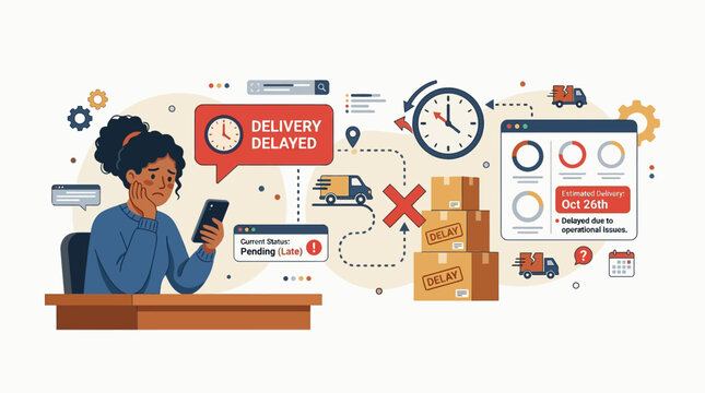 Woman sitting at desk frustrated with delayed delivery on phone screen surrounded by packages and shipping icons on computer.